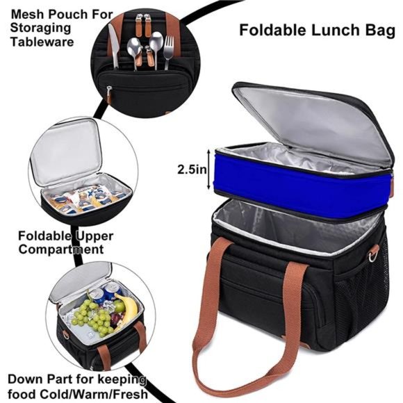 Lunch Bag For Women Men-Dual Compartment Large Lunch Box For Men (15L, Black) - Picture 4 of 7